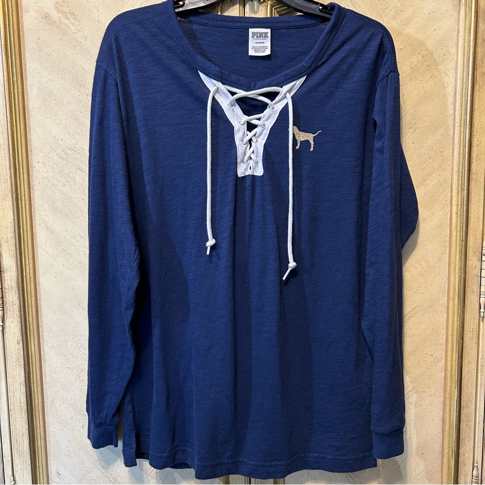 PINK Victoria’s Secret Blue & White Gold Studded Lace Up Front Lace Top Shirt